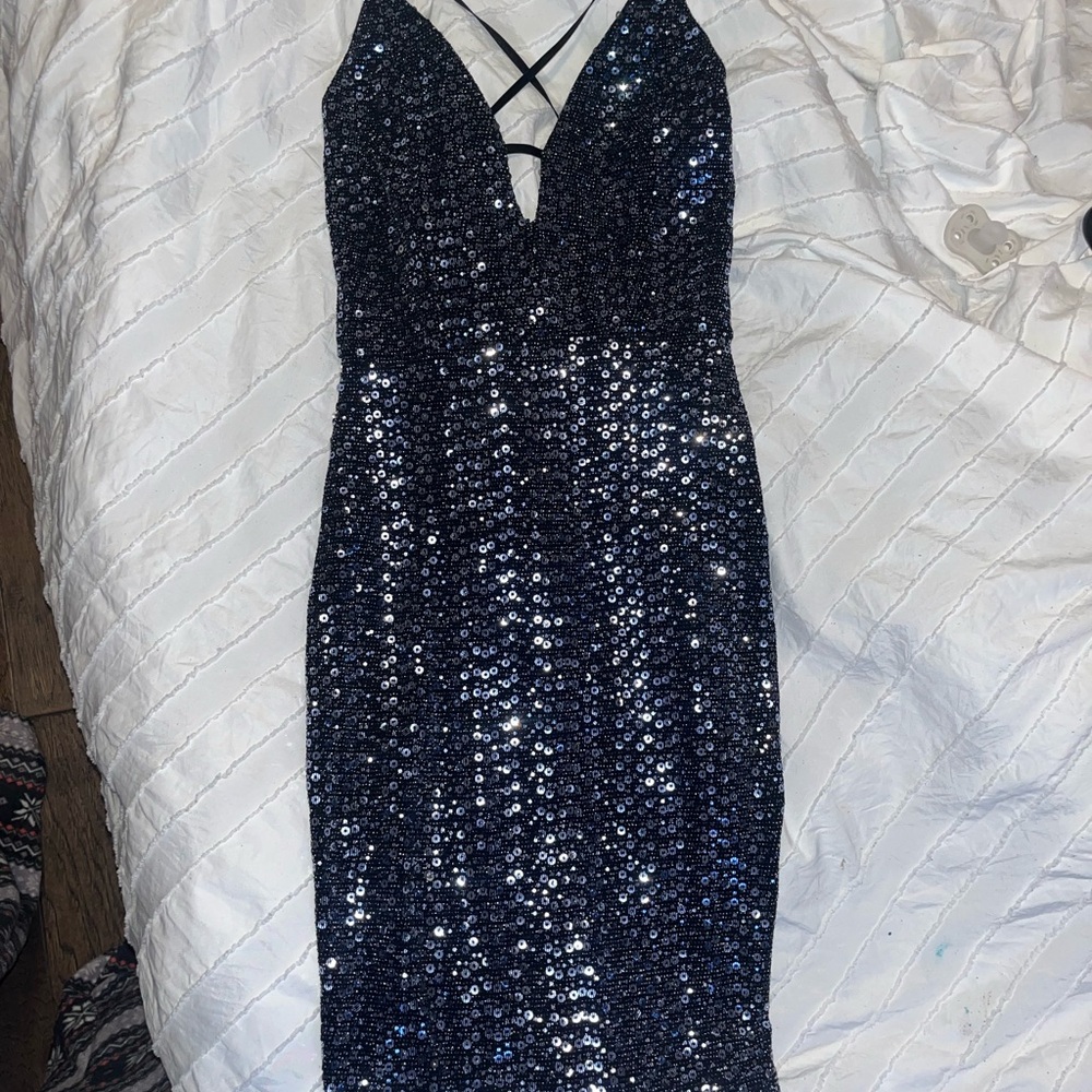 Windsor Blue Sequin Backless Sheath Dress